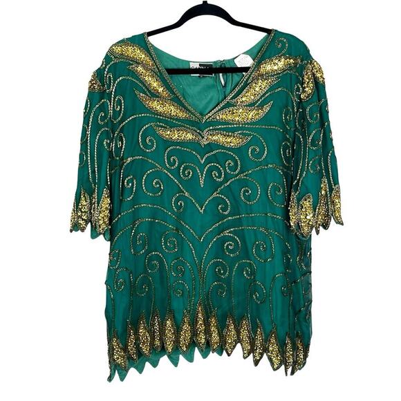 Carina Tops - Carina Vintage Silk Top Tunic Women’s XL Beading Sequins Pearls Scalloped Trim